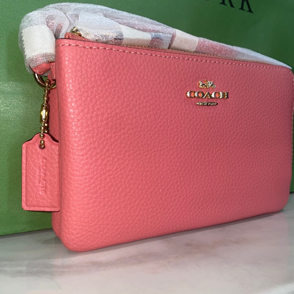 Coach Pink double zip pebbled Leather Wristlet - Picture 5 of 6